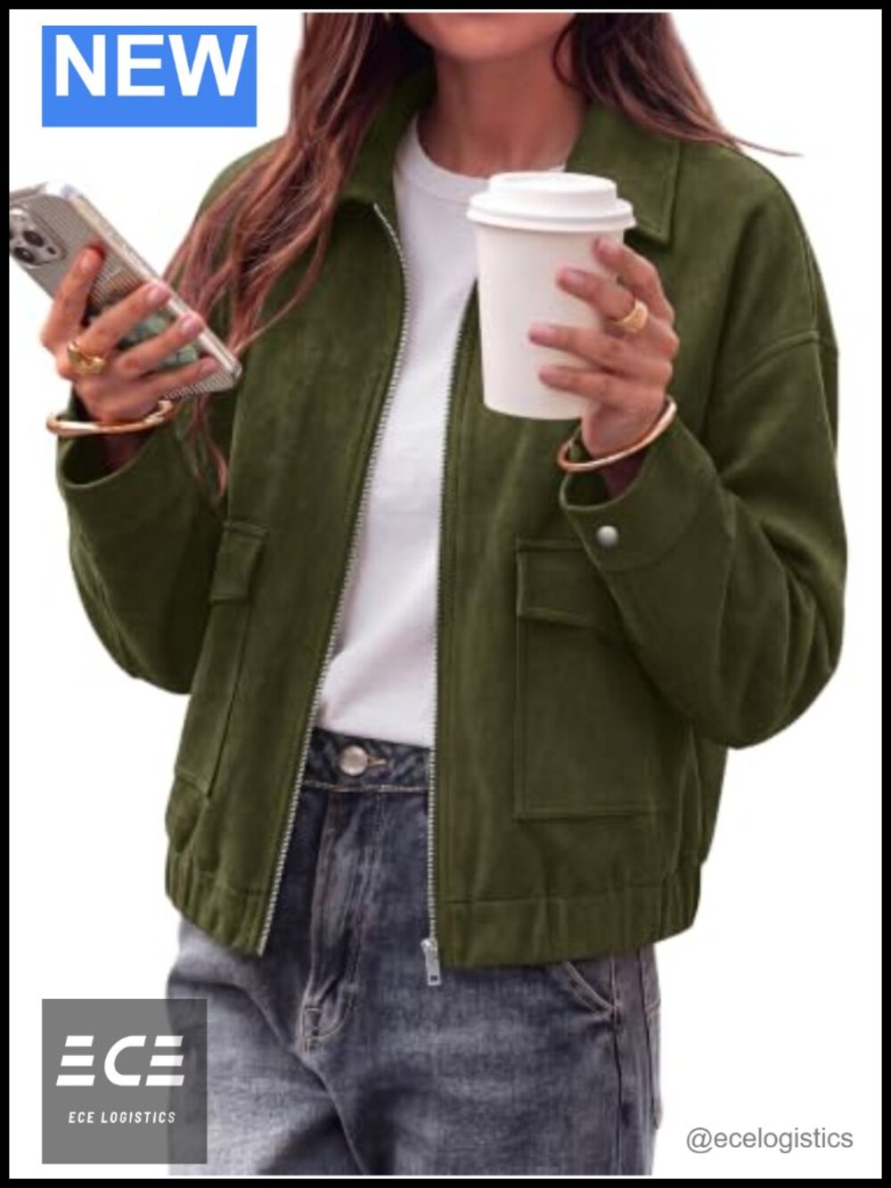 Faux Suede Cropped Bomber Jacket Zip Up Utility Pockets Casual
